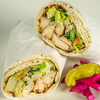 Chicken kabob sandwich wrap. Mediterranean chicken kabob wrap.